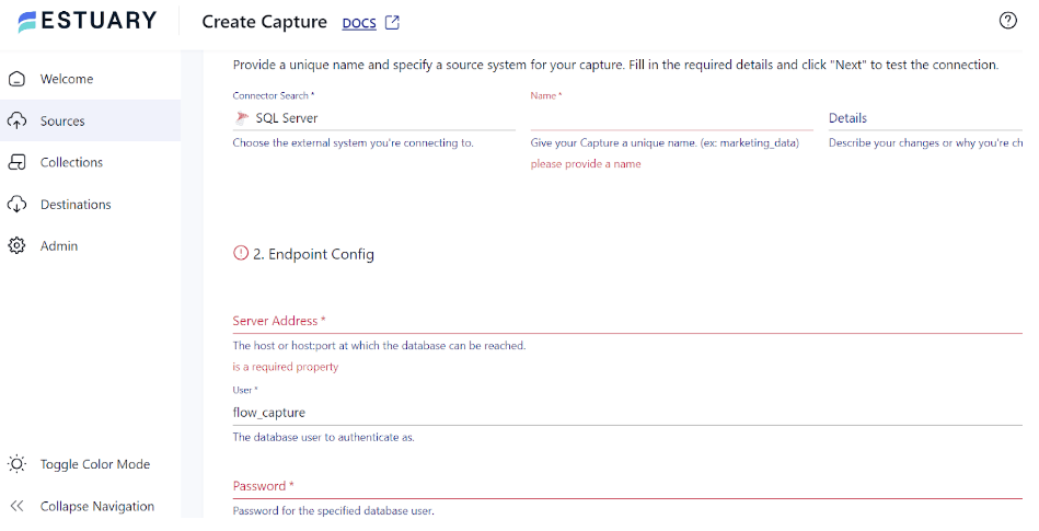 SQL Server to elasticsearch - Sources Specify Details