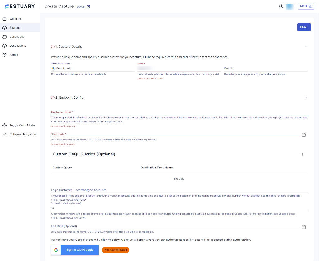 Google Ads to BigQuery - google ads Capture Details