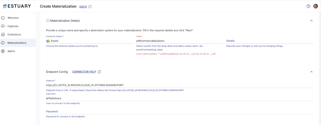 elasticsearch materialization details form in Estuary flow