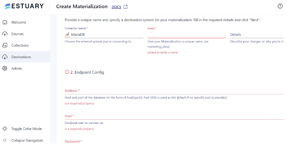 SQL Server to MariaDB - Destinations Specify Details Page