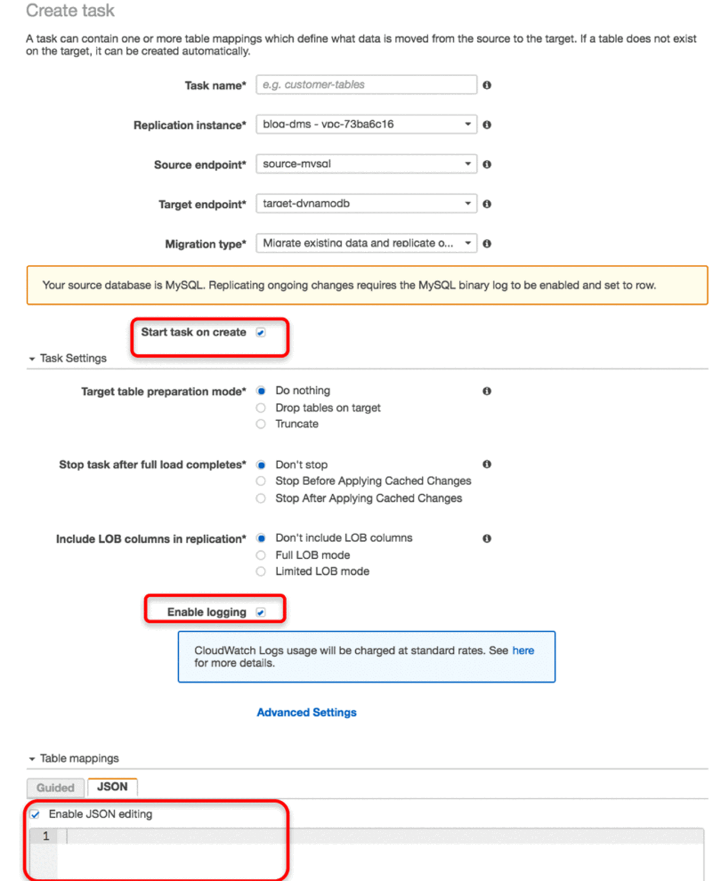 MySQL to DynamoDB - task creation page