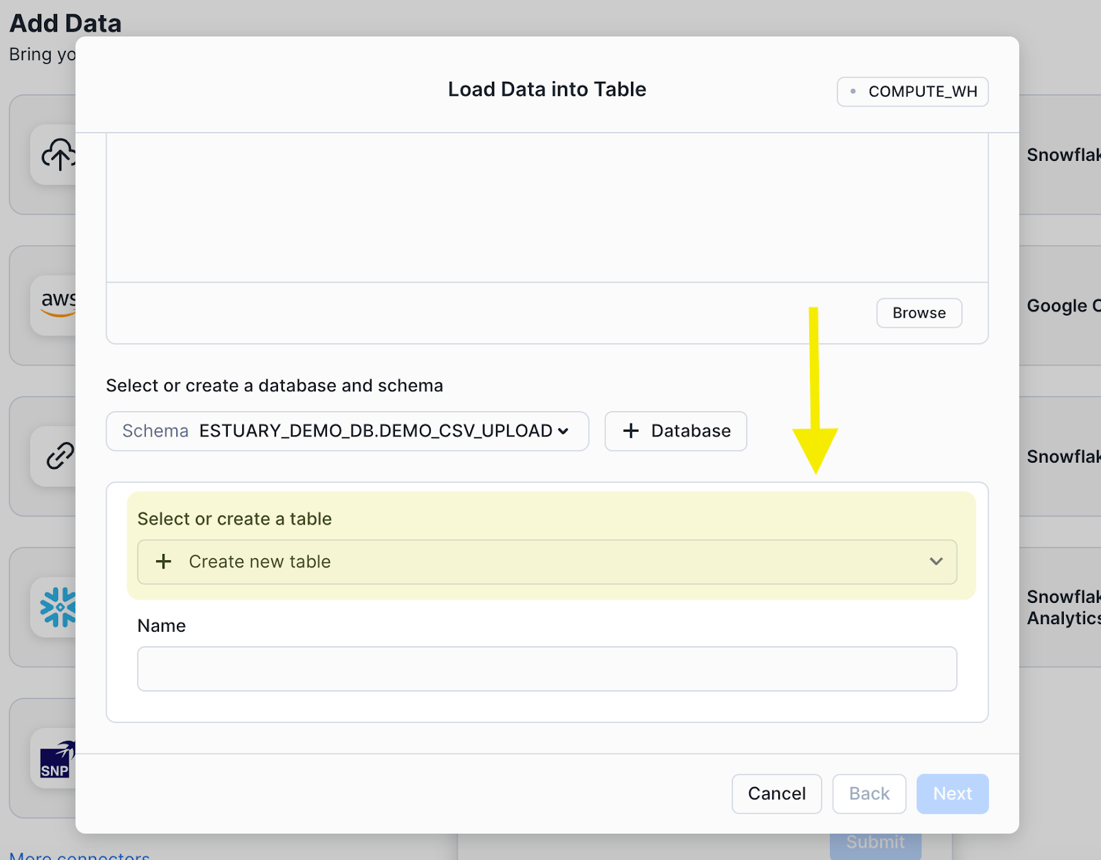 MySQL to Snowflake - Load Data into Table - Select or create a table