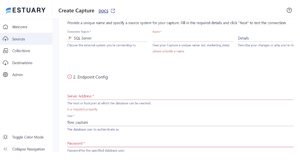 SQL Server to MariaDB - Source Specify Details Page