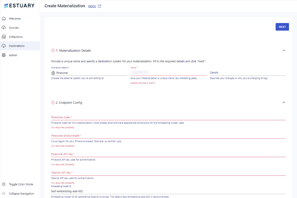 mysql to pinecone - materialization details