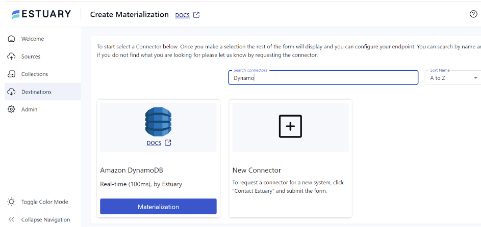 MySQL to DynamoDB - Destinations Search Connector Page